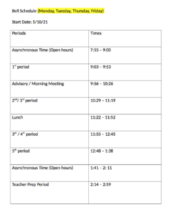 BELL SCHEDULE M/T/TH/FR