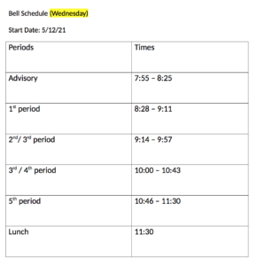 WEDNESDAY BELL SCHEDULE