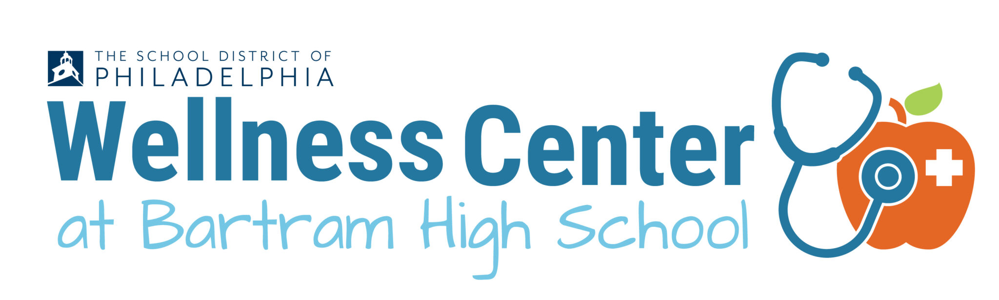 Logo for the Wellness Center at Bartram High School, featuring The School District of Philadelphia name, stylized text, and an apple with a stethoscope